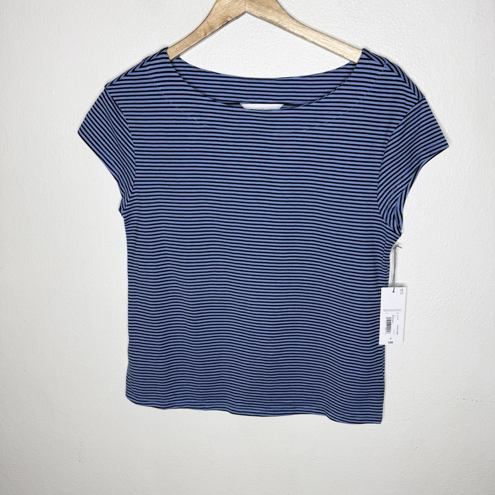 New Liz Claiborne Navy Blue Stripe Short Sleeve Tee Shirt T-Whirt Womens Small